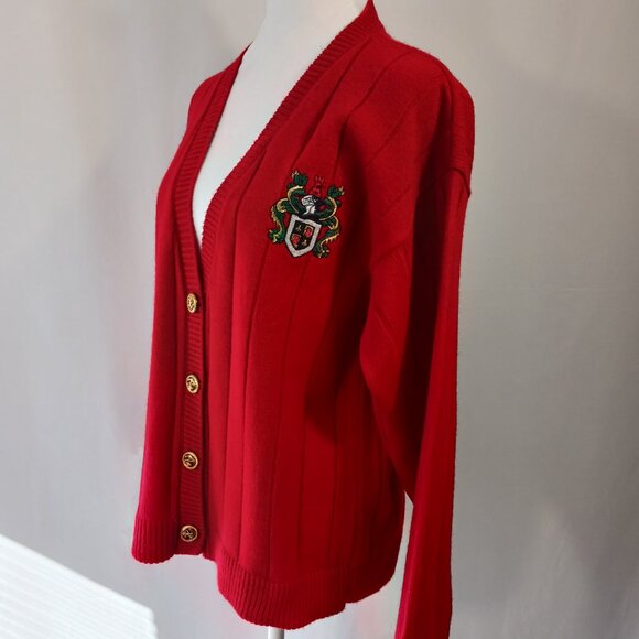 Norton McNaughton Sweaters - Norton McNaughton, Vintage Red Cardigan W/ Crest, SZ Med. Collegiate, Academia